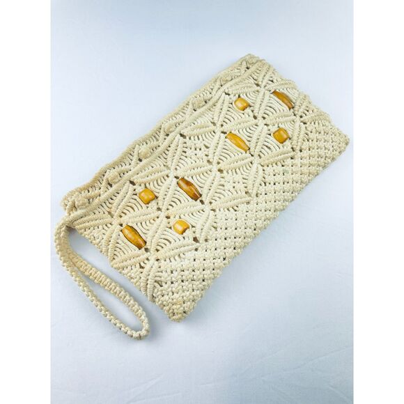 ~ Boho Macrame Wristlet Bag Clutch Purse Festival Cream Wood Beads Handbag - Picture 1 of 13